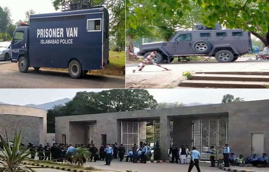 اسلام آباد ہائیکورٹ کے باہر پی ٹی آئی کا احتجاج، سکیورٹی سخت، بکتربند اور قیدی وین پہنچا دی گئی